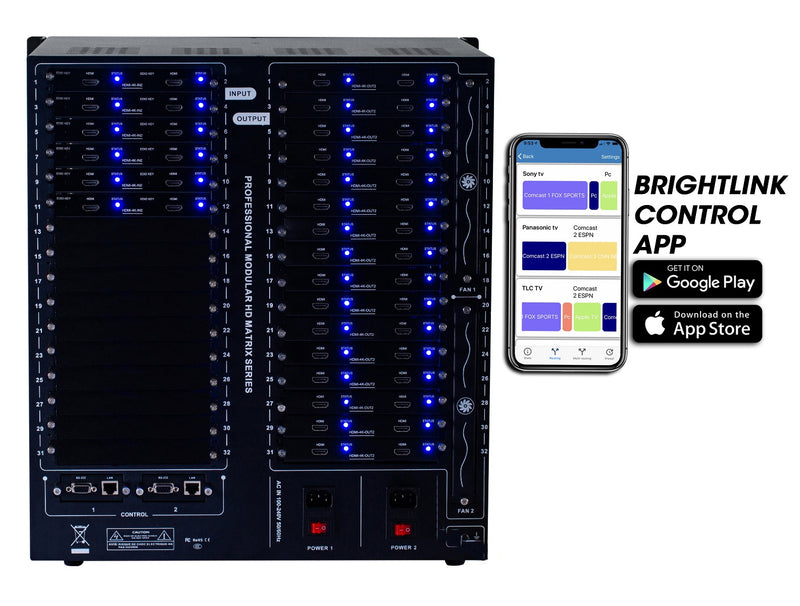 Brightlink PRO-MIX 4K Seamless Modular Matrix in our 12 HDMI Input x 32 HDMI Output configuration - Front Panel 7” Touch Screen - Free Brightlink Control APP.