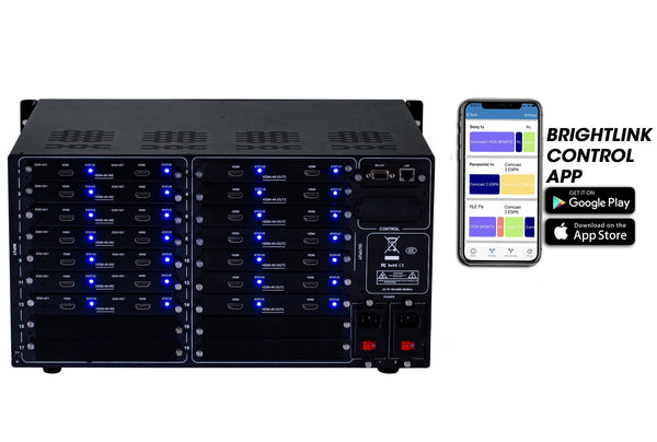 Brightlink PRO-MIX 4K Seamless Modular Matrix in our 14 HDMI Input x 14 HDMI Output configuration - Front Panel 7” Touch Screen - Free Brightlink Control APP.
