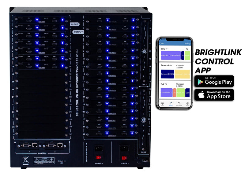 Brightlink PRO-MIX 4K Seamless Modular Matrix in our 14 HDMI Input x 32 HDMI Output configuration - Front Panel 7” Touch Screen - Free Brightlink Control APP.