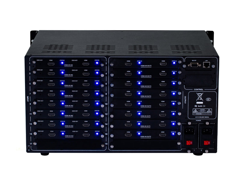 Brightlink PRO-MIX 4K Seamless Modular Matrix in our 16 HDMI Input x 16 HDMI Output configuration - Front Panel 7” Touch Screen - Free Brightlink Control APP.