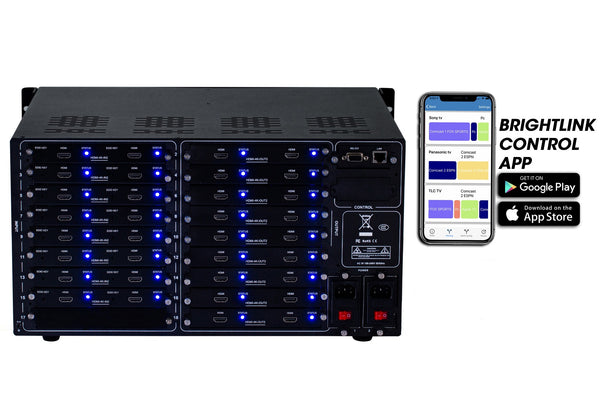 Brightlink PRO-MIX 4K Seamless Modular Matrix in our 16 HDMI Input x 18 HDMI Output configuration - Front Panel 7” Touch Screen - Free Brightlink Control APP.