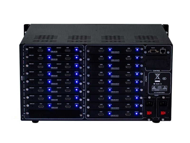 Brightlink PRO-MIX 4K Seamless Modular Matrix in our 16 HDMI Input x 18 HDMI Output configuration - Front Panel 7” Touch Screen - Free Brightlink Control APP.
