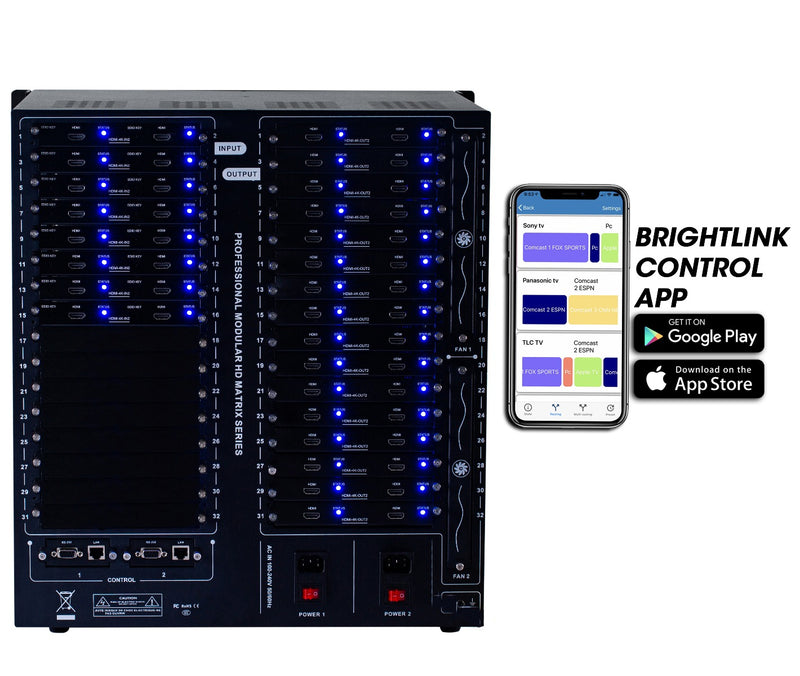 Brightlink PRO-MIX 4K Seamless Modular Matrix in our 16 HDMI Input x 32 HDMI Output configuration - Front Panel 7” Touch Screen - Free Brightlink Control APP.