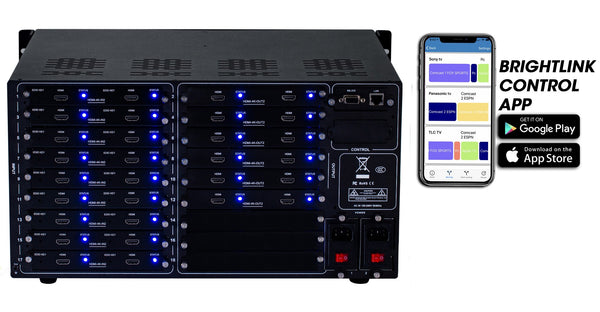 Brightlink PRO-MIX 4K Seamless Modular Matrix in our 18 HDMI Input x 12 HDMI Output configuration - Front Panel 7” Touch Screen - Free Brightlink Control APP.
