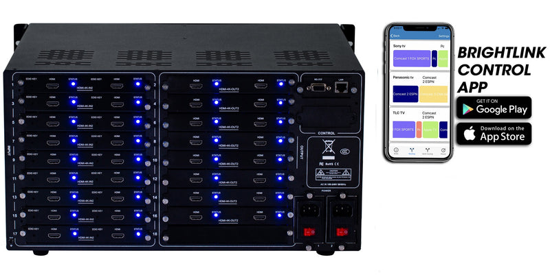 Brightlink PRO-MIX 4K Seamless Modular Matrix in our 18 HDMI Input x 16 HDMI Output configuration - Front Panel 7” Touch Screen - Free Brightlink Control APP.