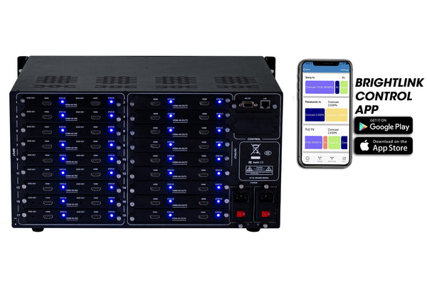 Brightlink PRO-MIX 4K Seamless Modular Matrix in our 18 HDMI Input x 18 HDMI Output configuration - Front Panel 7” Touch Screen - Free Brightlink Control APP.
