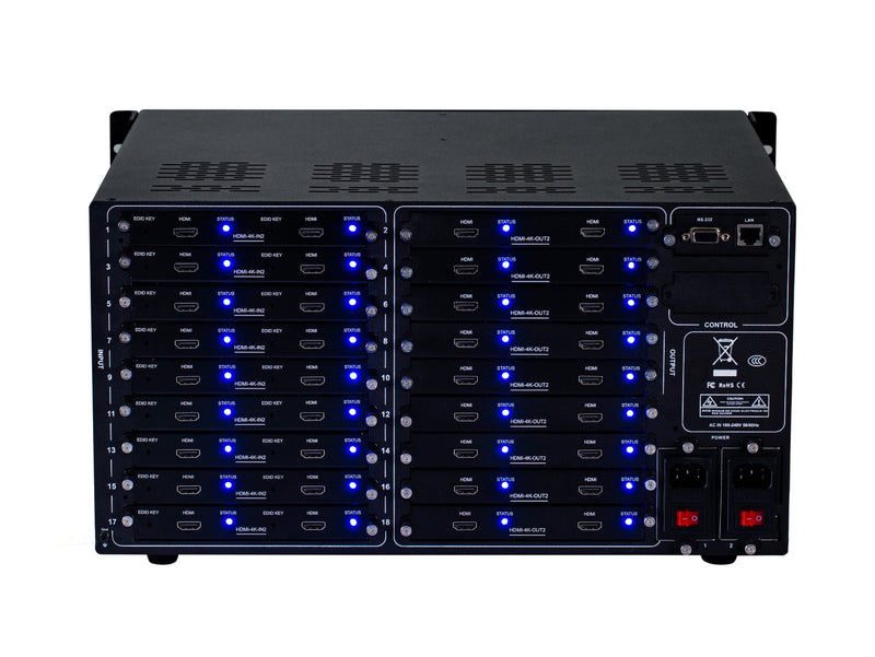 Brightlink PRO-MIX 4K Seamless Modular Matrix in our 18 HDMI Input x 18 HDMI Output configuration - Front Panel 7” Touch Screen - Free Brightlink Control APP.