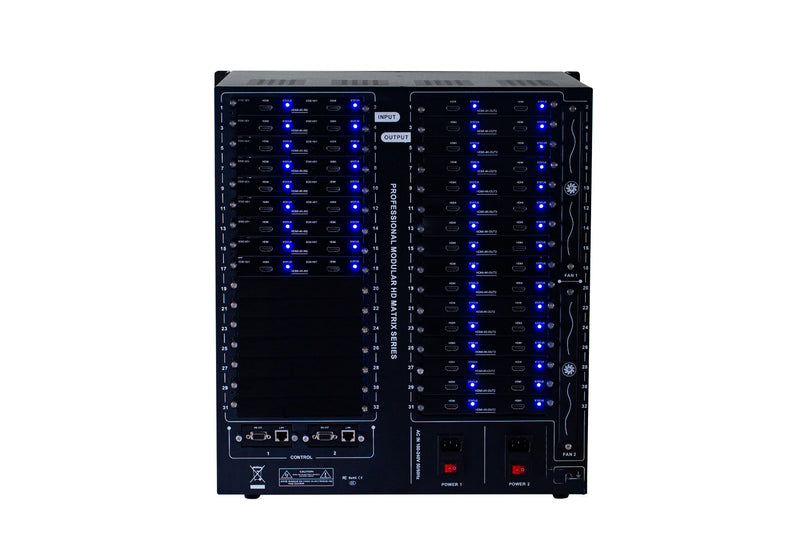 Brightlink PRO-MIX 4K Seamless Modular Matrix in our 18 HDMI Input x 32 HDMI Output configuration - Front Panel 7” Touch Screen - Free Brightlink Control APP.