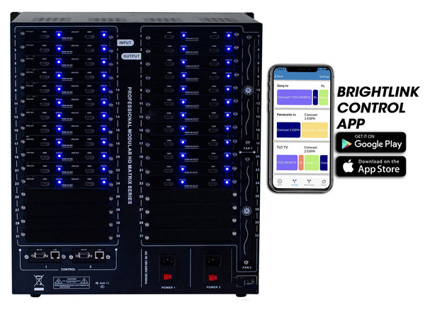 Brightlink PRO-MIX 4K Seamless Modular Matrix in our 24 HDMI Input x 24 HDMI Output configuration - Front Panel 7” Touch Screen - Free Brightlink Control APP.