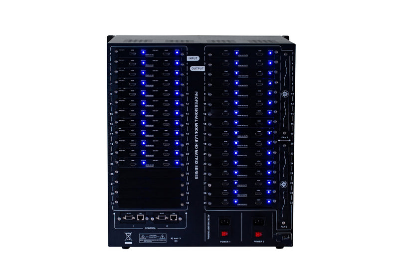 Brightlink PRO-MIX 4K Seamless Modular Matrix in our 24 HDMI Input x 32 HDMI Output configuration - Front Panel 7” Touch Screen - Free Brightlink Control APP.