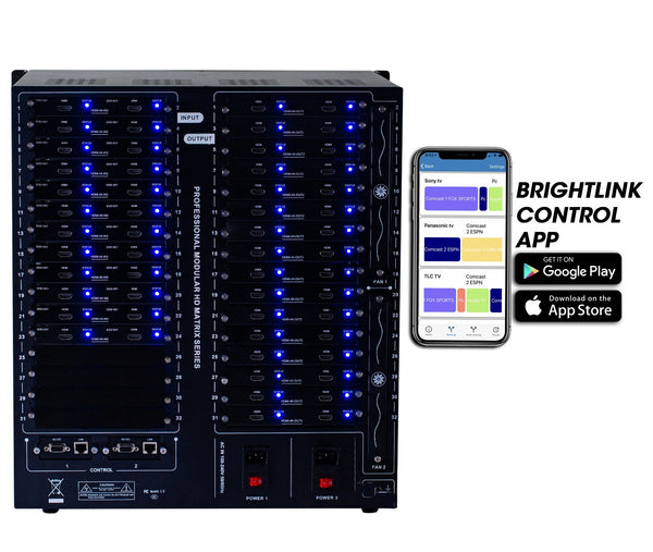 Brightlink PRO-MIX 4K Seamless Modular Matrix in our 24 HDMI Input x 32 HDMI Output configuration - Front Panel 7” Touch Screen - Free Brightlink Control APP.