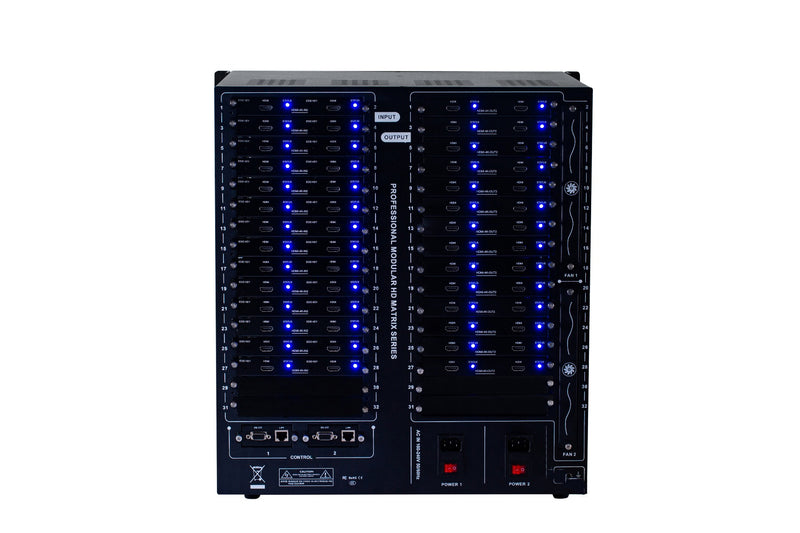 Brightlink PRO-MIX 4K Seamless Modular Matrix in our 28 HDMI Input x 28 HDMI Output configuration - Front Panel 7” Touch Screen - Free Brightlink Control APP.