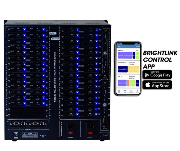 Brightlink PRO-MIX 4K Seamless Modular Matrix in our 28 HDMI Input x 32 HDMI Output configuration - Front Panel 7” Touch Screen - Free Brightlink Control APP.