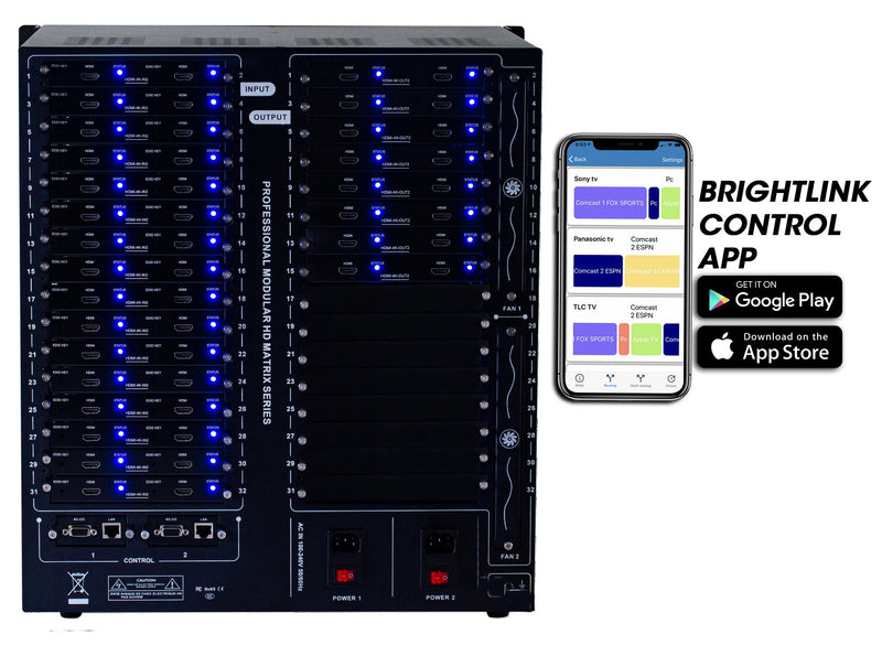 Brightlink PRO-MIX 4K Seamless Modular Matrix in our 32 HDMI Input x 16 HDMI Output configuration - Front Panel 7” Touch Screen - Free Brightlink Control APP.