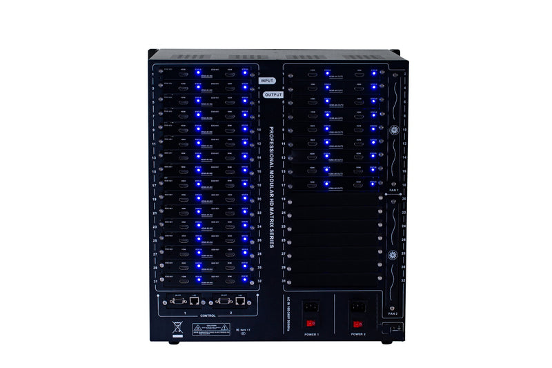 Brightlink PRO-MIX 4K Seamless Modular Matrix in our 32 HDMI Input x 18 HDMI Output configuration - Front Panel 7” Touch Screen - Free Brightlink Control APP.