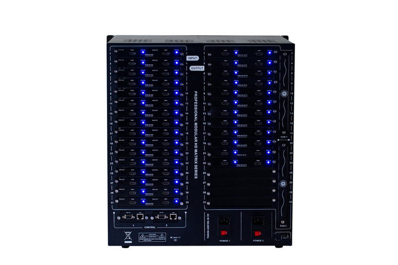 Brightlink PRO-MIX 4K Seamless Modular Matrix in our 32 HDMI Input x 24 HDMI Output configuration - Front Panel 7” Touch Screen - Free Brightlink Control APP.