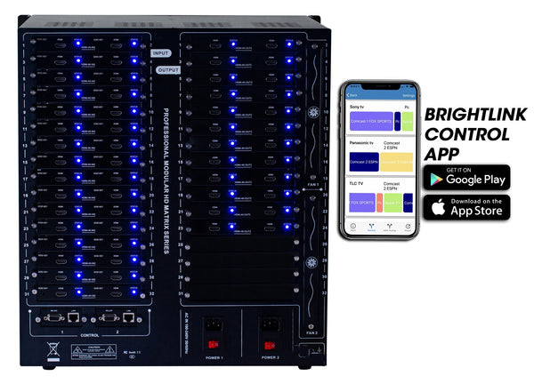 Brightlink PRO-MIX 4K Seamless Modular Matrix in our 32 HDMI Input x 24 HDMI Output configuration - Front Panel 7” Touch Screen - Free Brightlink Control APP.