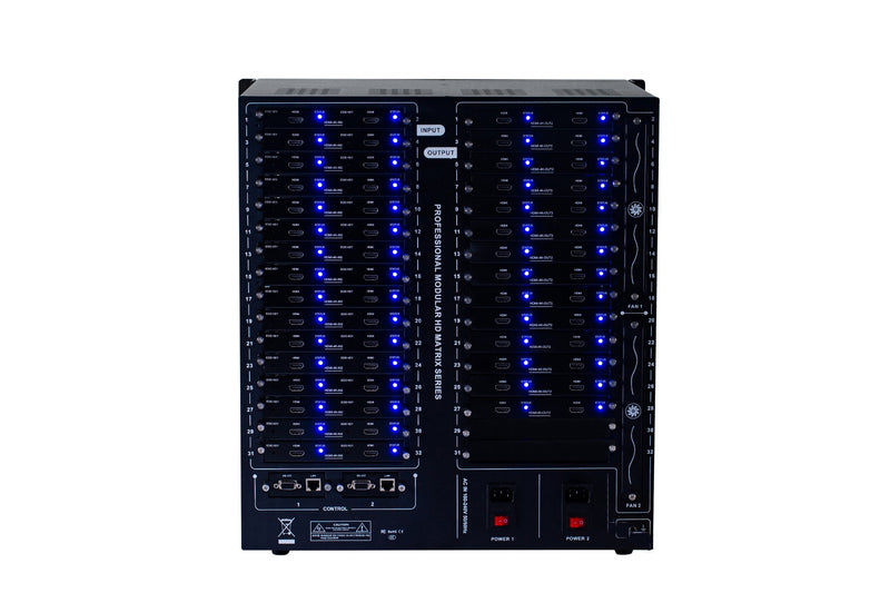 Brightlink PRO-MIX 4K Seamless Modular Matrix in our 32 HDMI Input x 28 HDMI Output configuration - Front Panel 7” Touch Screen - Free Brightlink Control APP.