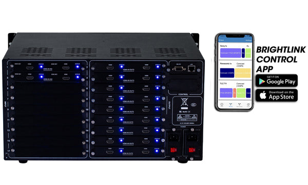 Brightlink PRO-MIX 4K Seamless Modular Matrix in our 4 HDMI Input x 18 HDMI Output configuration - Front Panel 7” Touch Screen - Free Brightlink Control APP.