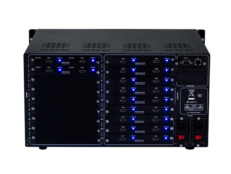Brightlink PRO-MIX 4K Seamless Modular Matrix in our 4 HDMI Input x 18 HDMI Output configuration - Front Panel 7” Touch Screen - Free Brightlink Control APP.