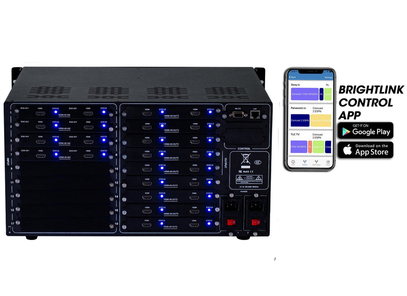 Brightlink PRO-MIX 4K Seamless Modular Matrix in our 8 HDMI Input x 18 HDMI Output configuration - Front Panel 7” Touch Screen - Free Brightlink Control APP.