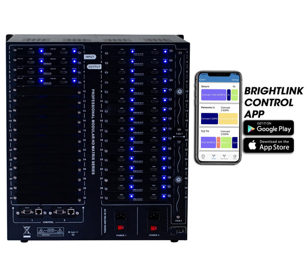 Brightlink PRO-MIX 4K Seamless Modular Matrix in our 8 HDMI Input x 32 HDMI Output configuration - Front Panel 7” Touch Screen - Free Brightlink Control APP.