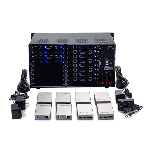 Brightlink PRO-MIX 4K Seamless Modular Matrix in our 2 HDMI Input x 8 HDBaseT Output configuration (c/w 8 Receivers over Cat6 Up To 228ft) - Front Panel 7” Touch Screen - Free Brightlink Control APP.