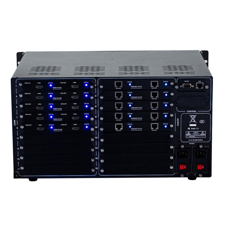 Brightlink PRO-MIX 4K Seamless Modular Matrix in our 10 HDMI Input x 10 HDBaseT Output configuration (c/w 10 Receivers over Cat6 Up To 228ft) - Front Panel 7” Touch Screen - Free Brightlink Control APP.
