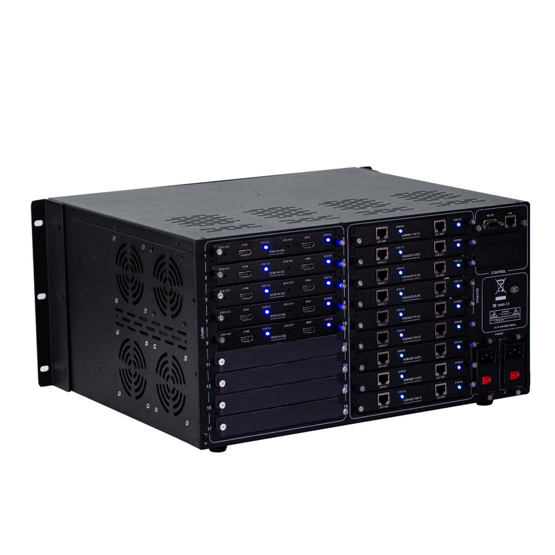 Brightlink PRO-MIX 4K Seamless Modular Matrix in our 10 HDMI Input x 18 HDBaseT Output configuration (c/w 18 Receivers over Cat6 Up To 228ft) - Front Panel 7” Touch Screen - Free Brightlink Control APP.