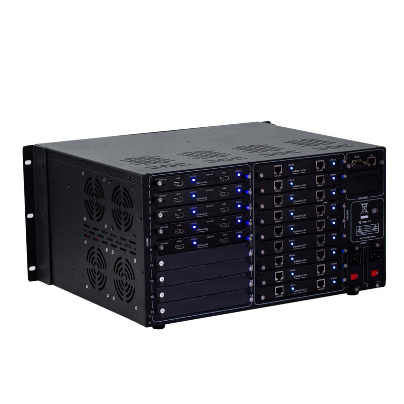Brightlink PRO-MIX 4K Seamless Modular Matrix in our 10 HDMI Input x 12 HDBaseT Output configuration (c/w 12 Receivers over Cat6 Up To 228ft) - Front Panel 7” Touch Screen - Free Brightlink Control APP.
