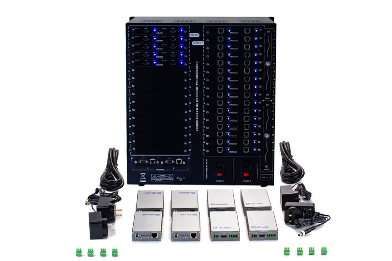 Brightlink PRO-MIX 4K Seamless Modular Matrix in our 10 HDMI Input x 32 HDBaseT Output configuration (c/w 32 Receivers over Cat6 Up To 228ft) - Front Panel 7” Touch Screen - Free Brightlink Control APP.