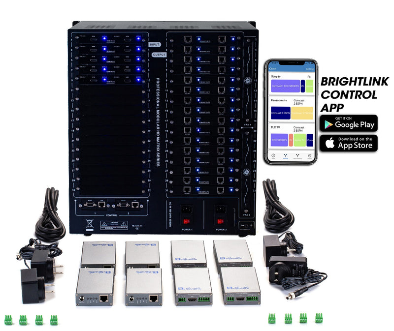 Brightlink PRO-MIX 4K Seamless Modular Matrix in our 10 HDMI Input x 32 HDBaseT Output configuration (c/w 32 Receivers over Cat6 Up To 228ft) - Front Panel 7” Touch Screen - Free Brightlink Control APP.