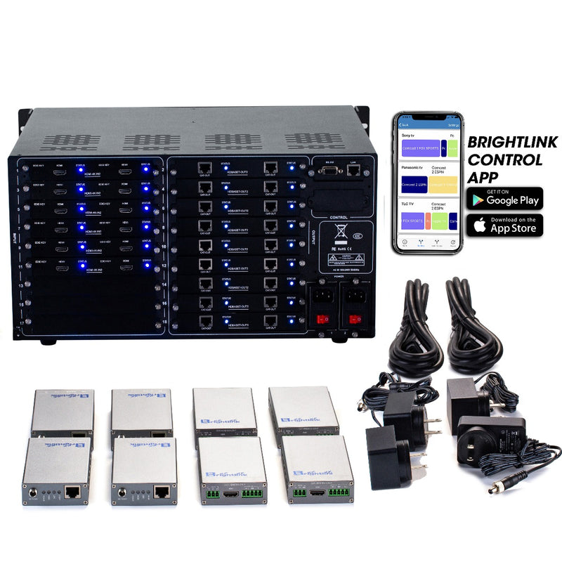 Brightlink PRO-MIX 4K Seamless Modular Matrix in our 12 HDMI Input x 18 HDBaseT Output configuration (c/w 18 Receivers over Cat6 Up To 228ft) - Front Panel 7” Touch Screen - Free Brightlink Control APP.
