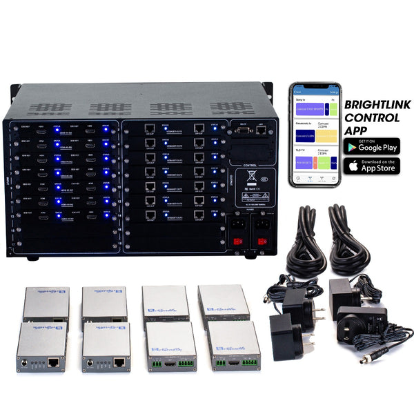 Brightlink PRO-MIX 4K Seamless Modular Matrix in our 14 HDMI Input x 14 HDBaseT Output configuration (c/w 14 Receivers over Cat6 Up To 228ft) - Front Panel 7” Touch Screen - Free Brightlink Control APP.