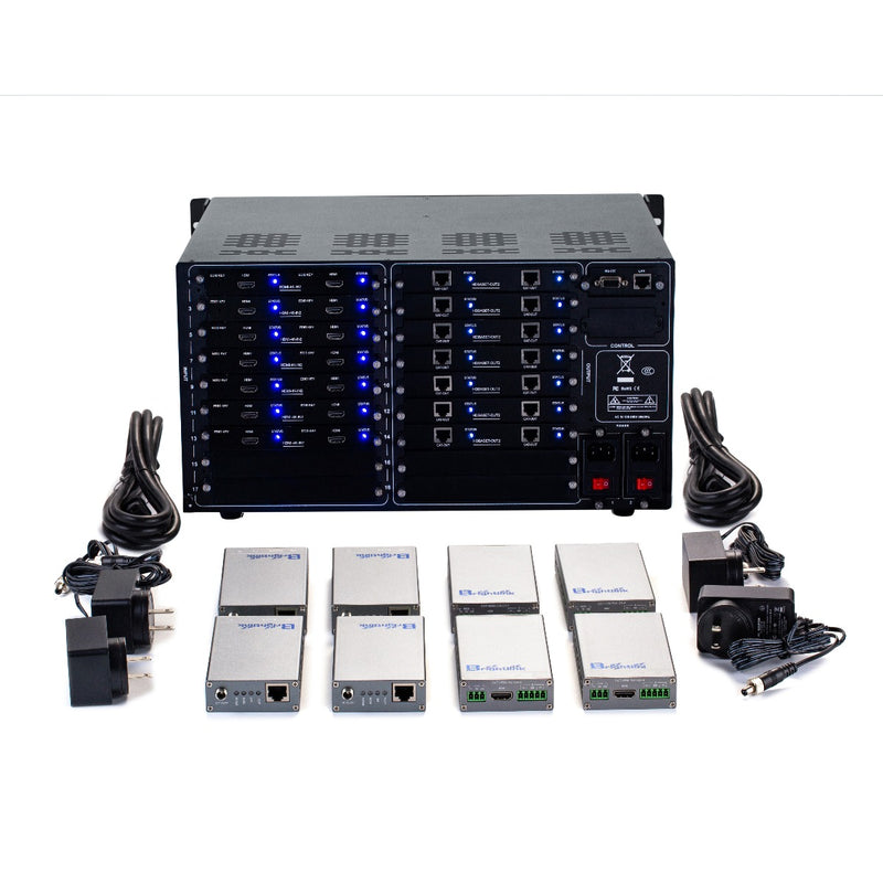 Brightlink PRO-MIX 4K Seamless Modular Matrix in our 14 HDMI Input x 14 HDBaseT Output configuration (c/w 14 Receivers over Cat6 Up To 228ft) - Front Panel 7” Touch Screen - Free Brightlink Control APP.