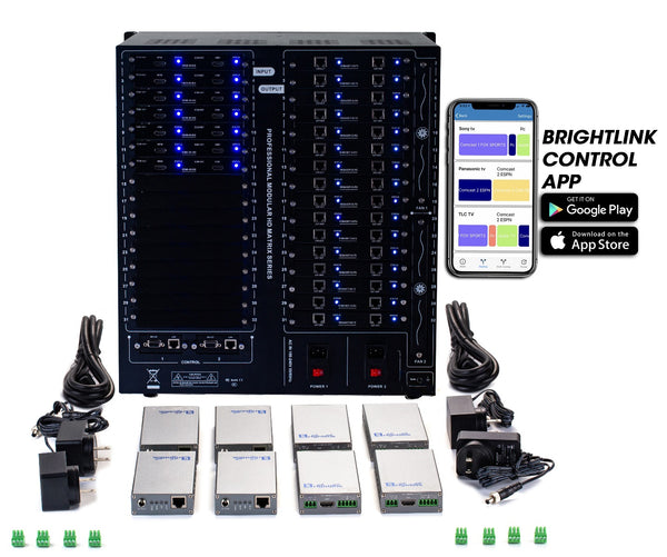 Brightlink PRO-MIX 4K Seamless Modular Matrix in our 14 HDMI Input x 32 HDBaseT Output configuration (c/w 32 Receivers over Cat6 Up To 228ft) - Front Panel 7” Touch Screen - Free Brightlink Control APP.