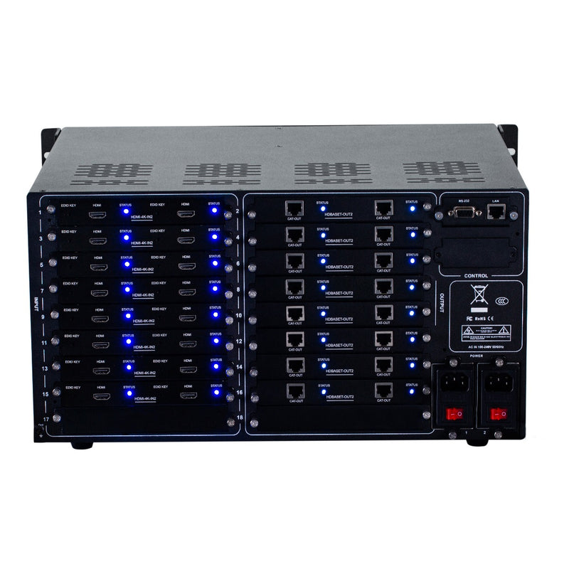 Brightlink PRO-MIX 4K Seamless Modular Matrix in our 10 HDMI Input x 16 HDBaseT Output configuration (c/w 16 Receivers over Cat6 Up To 228ft) - Front Panel 7” Touch Screen - Free Brightlink Control APP.