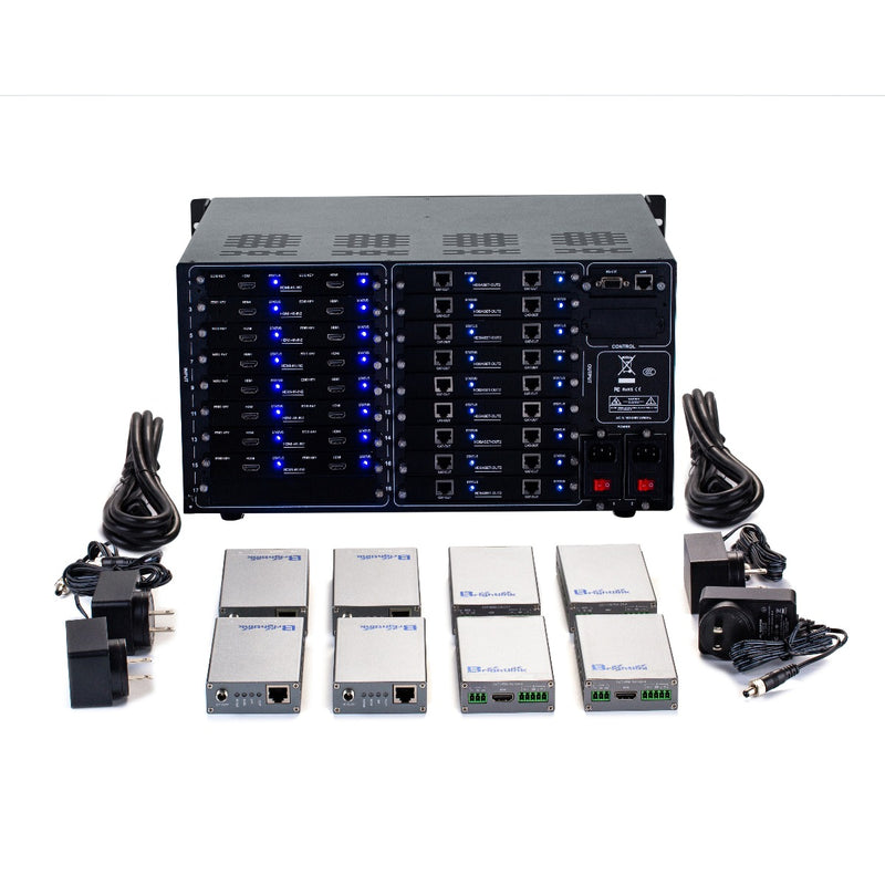 Brightlink PRO-MIX 4K Seamless Modular Matrix in our 16 HDMI Input x 18 HDBaseT Output configuration (c/w 18 Receivers over Cat6 Up To 228ft) - Front Panel 7” Touch Screen - Free Brightlink Control APP.