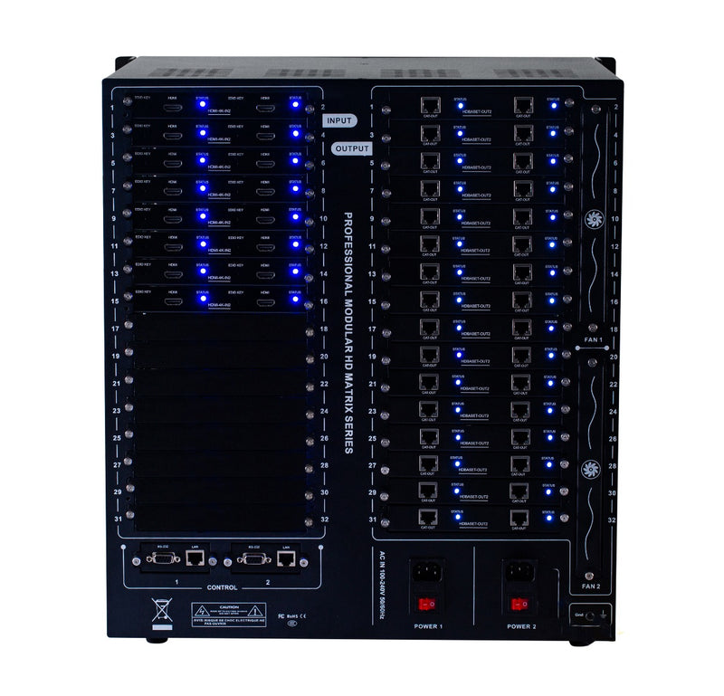 Brightlink PRO-MIX 4K Seamless Modular Matrix in our 16 HDMI Input x 32 HDBaseT Output configuration (c/w 32 Receivers over Cat6 Up To 228ft) - Front Panel 7” Touch Screen - Free Brightlink Control APP.
