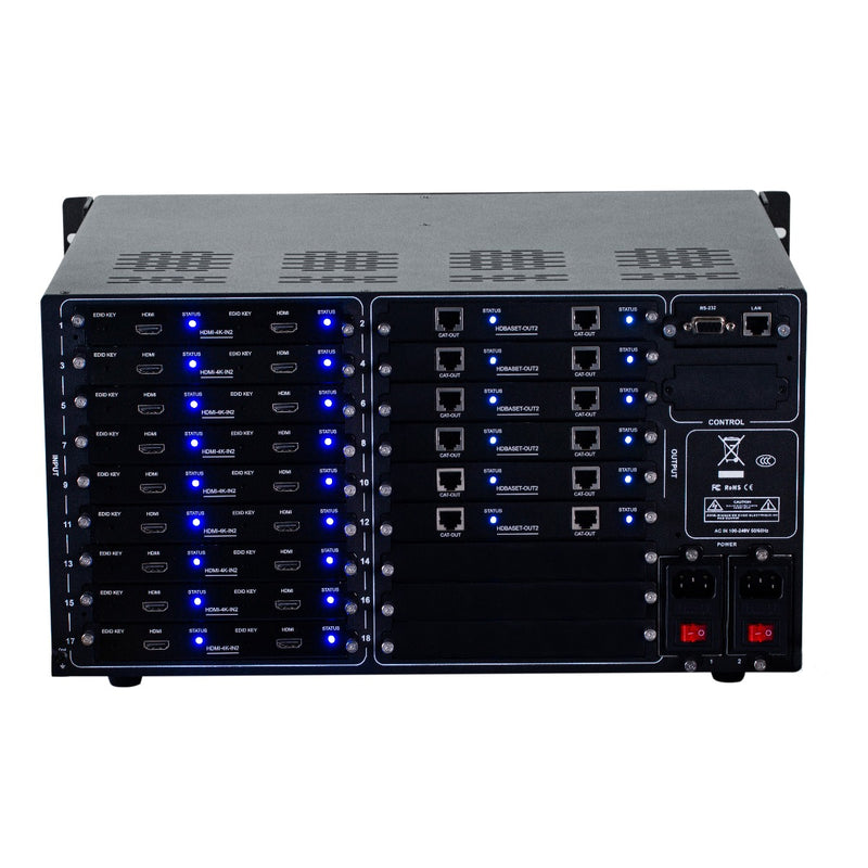 Brightlink PRO-MIX 4K Seamless Modular Matrix in our 18 HDMI Input x 12 HDBaseT Output configuration (c/w 12 Receivers over Cat6 Up To 228ft) - Front Panel 7” Touch Screen - Free Brightlink Control APP.