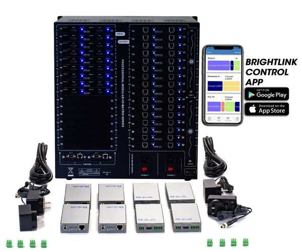 Brightlink PRO-MIX 4K Seamless Modular Matrix in our 18 HDMI Input x 32 HDBaseT Output configuration (c/w 32 Receivers over Cat6 Up To 228ft) - Front Panel 7” Touch Screen - Free Brightlink Control APP.