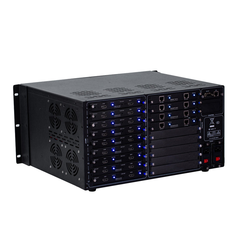 Brightlink PRO-MIX 4K Seamless Modular Matrix in our 18 HDMI Input x 8 HDBaseT Output configuration (c/w 8 Receivers over Cat6 Up To 228ft) - Front Panel 7” Touch Screen - Free Brightlink Control APP.