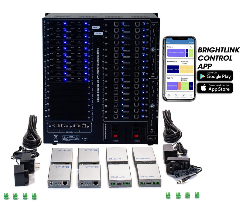 Brightlink PRO-MIX 4K Seamless Modular Matrix in our 20 HDMI Input x 32 HDBaseT Output configuration (c/w 32 Receivers over Cat6 Up To 228ft) - Front Panel 7” Touch Screen - Free Brightlink Control APP.