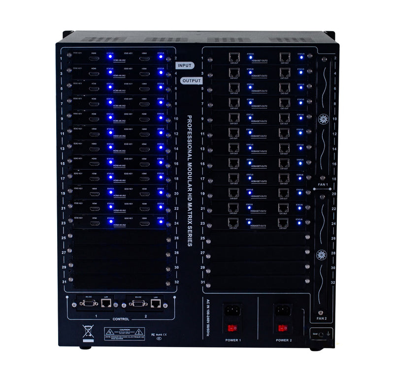 Brightlink PRO-MIX 4K Seamless Modular Matrix in our 10 HDMI Input + 4 HDBaseT Input x 24 HDBaseT Output configuration (c/w 4 Transmitters &  24 Receivers over Cat6 Up To 228ft) - Front Panel 7” Touch Screen - Free Brightlink Control APP