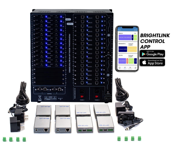 Brightlink PRO-MIX 4K Seamless Modular Matrix in our 24 HDMI Input x 32 HDBaseT Output configuration (c/w 32 Receivers over Cat6 Up To 228ft) - Front Panel 7” Touch Screen - Free Brightlink Control APP.