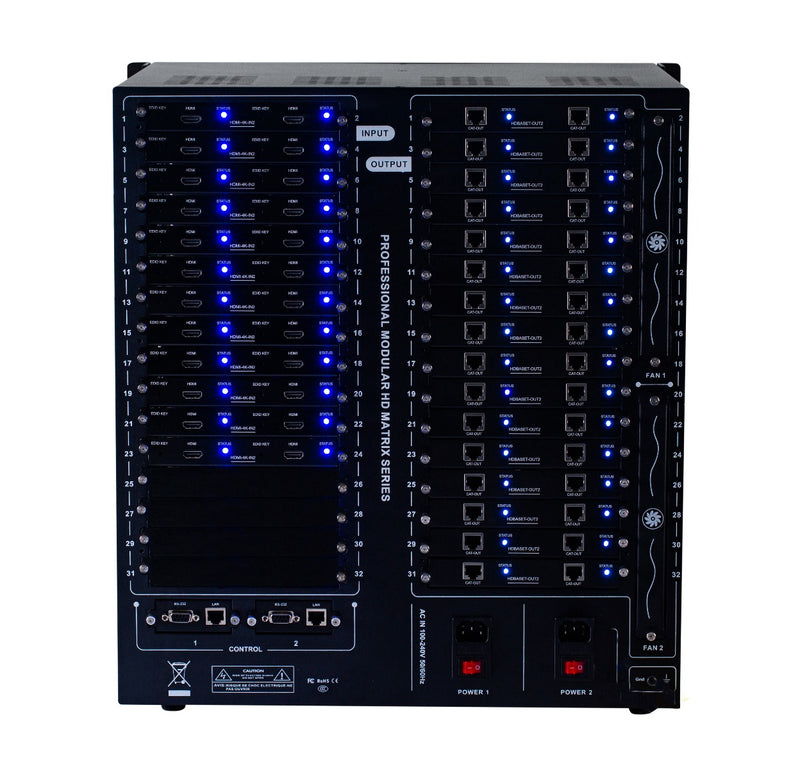 Brightlink PRO-MIX 4K Seamless Modular Matrix in our 24 HDMI Input x 32 HDBaseT Output configuration (c/w 32 Receivers over Cat6 Up To 228ft) - Front Panel 7” Touch Screen - Free Brightlink Control APP.