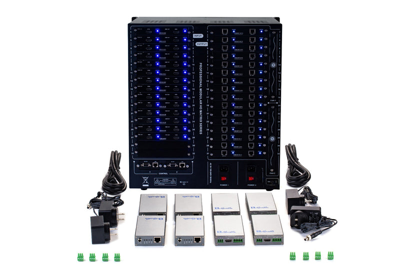 Brightlink PRO-MIX 4K Seamless Modular Matrix in our 28 HDMI Input x 32 HDBaseT Output configuration (c/w 32 Receivers over Cat6 Up To 228ft) - Front Panel 7” Touch Screen - Free Brightlink Control APP.