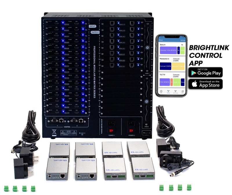 Brightlink PRO-MIX 4K Seamless Modular Matrix in our 32 HDMI Input x 16 HDBaseT Output configuration (c/w 32 Receivers over Cat6 Up To 228ft) - Front Panel 7” Touch Screen - Free Brightlink Control APP.