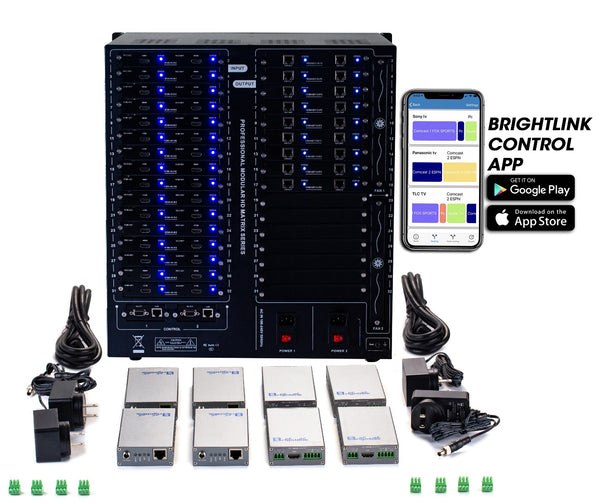 Brightlink PRO-MIX 4K Seamless Modular Matrix in our 32 HDMI Input x 18 HDBaseT Output configuration (c/w 18 Receivers over Cat6 Up To 228ft) - Front Panel 7” Touch Screen - Free Brightlink Control APP.