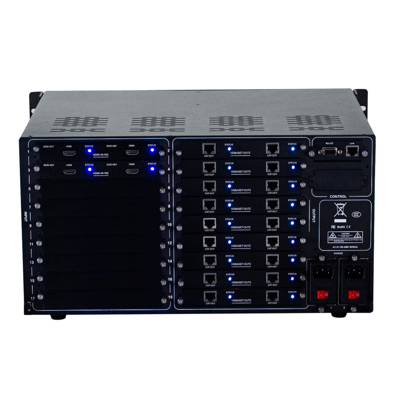 Brightlink PRO-MIX 4K Seamless Modular Matrix in our 4 HDMI Input x 18 HDBaseT Output configuration (c/w 18 Receivers over Cat6 Up To 228ft) - Front Panel 7” Touch Screen - Free Brightlink Control APP.